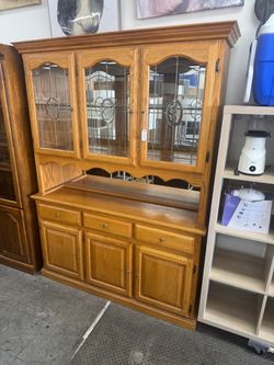 Oak China Hutch Cabinet with Glass Doors