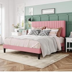 Queen Bed Frame, Velvet Upholstered Platform Bed Vertical Channel , Pink Y-57