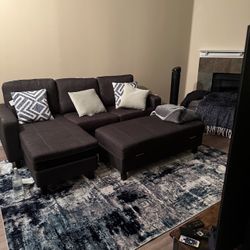 Dark Grey Sectional Couch + Storage Box + Rug 