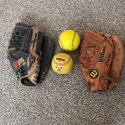 Softball Gloves And 2 Softballs 