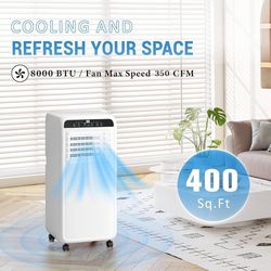 8,000 BTU Portable Air Conditioner, 3 in 1 AC Unit with Built-in Cool, Dehumidifier & Fan Modes for Room up to 400sq.ft, with Remote Control, 24 Hour 