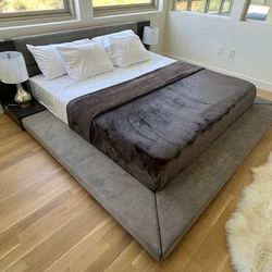 Queen Wide Platform Bed Frame - Modern Low Profile, Grey Fabric