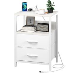 Nightstand With Charging Station, Small Night Stand With Fabric Drawers And Storage