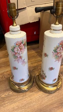 Two white w/painted roses table lamps