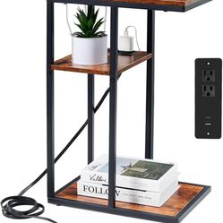 C Shaped End Table with Charging Station, 3-Tier Small Snack Side Table