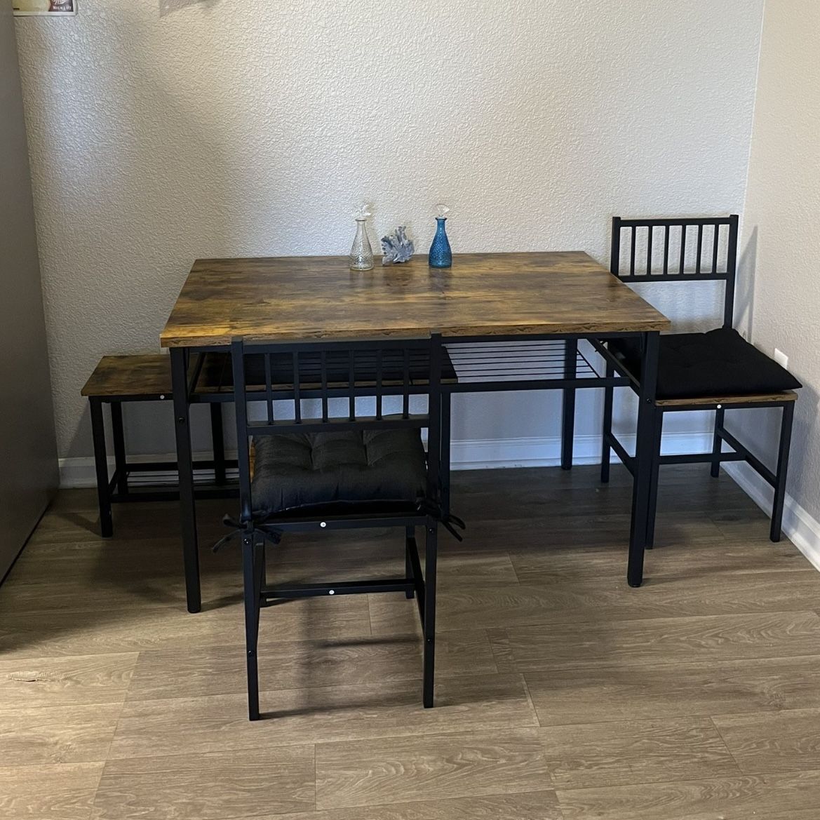 Farmhouse Kitchen Table Chairs Set for 4,47.24"Modern Dining Table Set for 4 with Bench and Chairs, Kitchen Table Set with Storage Rack&Metal Frame fo