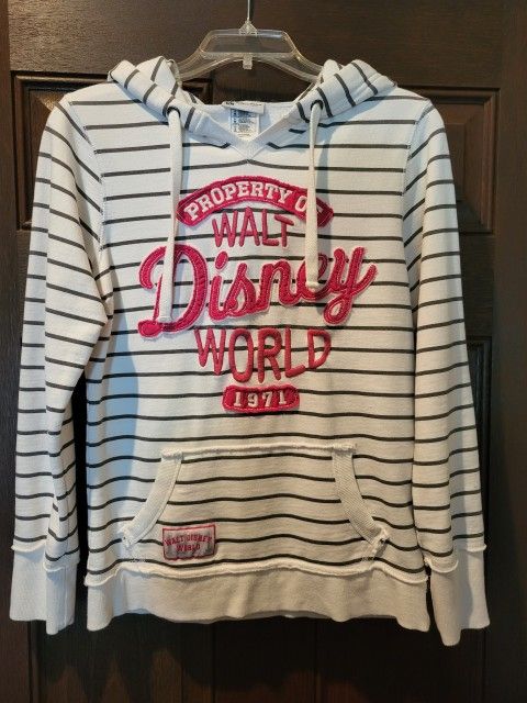 Walt Disney World Sweatshirt Hoodie Disney Parks Authentic Property Of Walt Disney World Women's Small White With Stripes And Pink Lettering