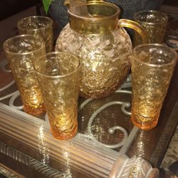 Anchor Hocking Vintage Amber Pitcher And 5 Glasses