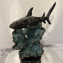 Signed Donjo Bronze Sculpture With A Porcelain Reef Shark