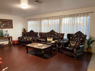 Ornate Dark Brown Leather Sofa Set with Coffee Table