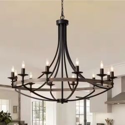 WDETR 12-Light Black Candle Style Dimmable Wagon Wheel Chandelier