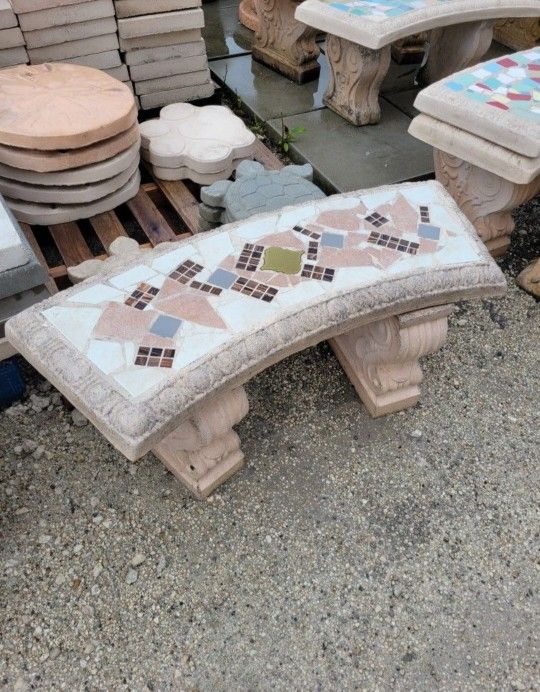 Concrete Mosaic Tile Inlay Curved Benches Cement Garden Patio