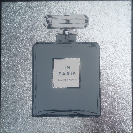 Paris Perfume Silver And White, Luxury Fragrance Glam Silver Glitz  on Canvas

24" x 24"