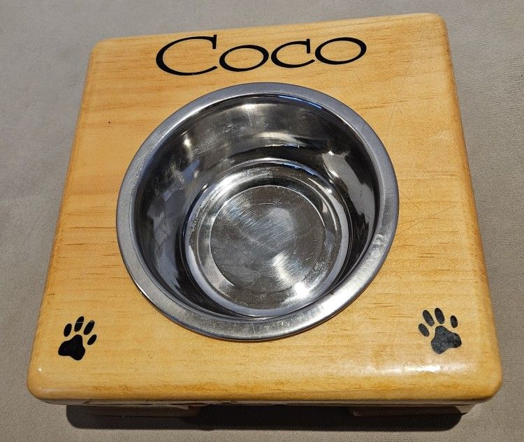 Wood Dog Elevated Stand with Stainless Steel Bowl.