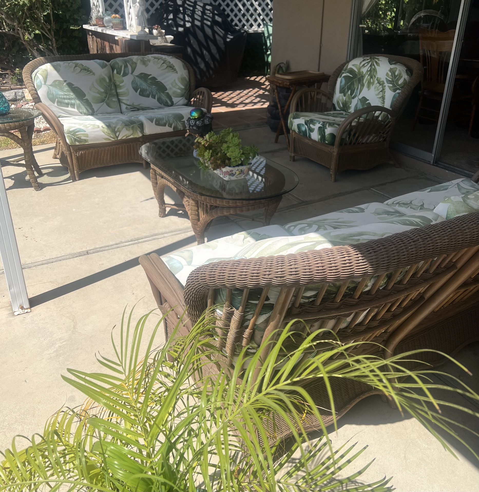 Vintage 6-Piece Rattan Patio Set – Sofa, XL Armchair, Settee & Glass Tables – $1,000 OBO. Complete 6-piece rattan set with XL armchair + glass tables.