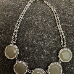 Silvertone Rhinestone And Sage Green Banana Republic Statement Necklace 