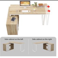 😀 Office Computer L-Shaped Desk Corner Desk with 3 Drawers & 2 Shelves, 55 Inch Large Study Writing Table with Storage Cabinet (Beige)