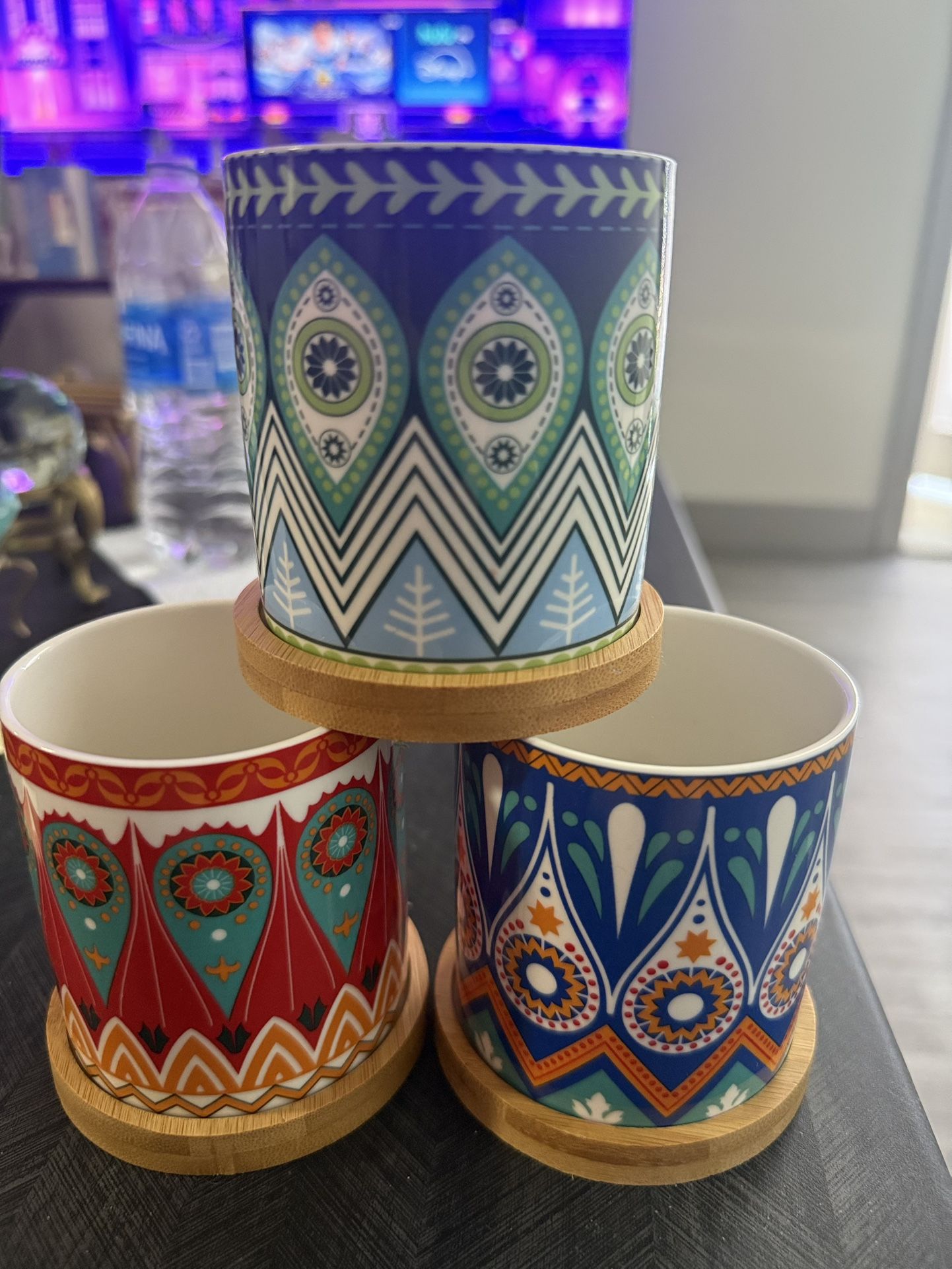 Boho Ceramic Planter Set – Colorful Folk Art Design + Bamboo Saucers