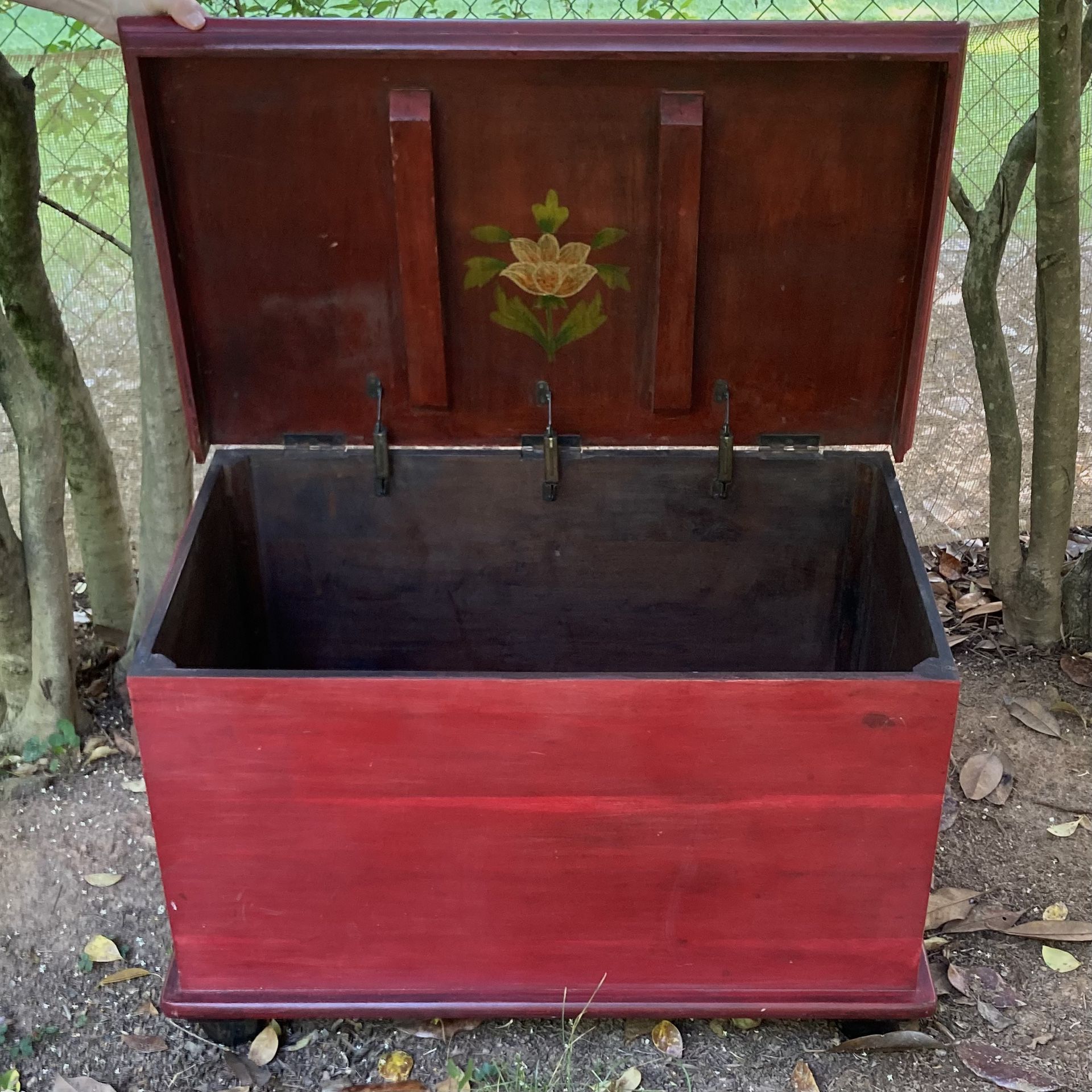 Vintage Red Wooden Trunk Chest Storage Bin Solid Piece