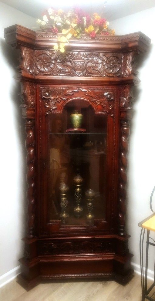 Solid Wood, Ornately Carved Corner Display Cabinet