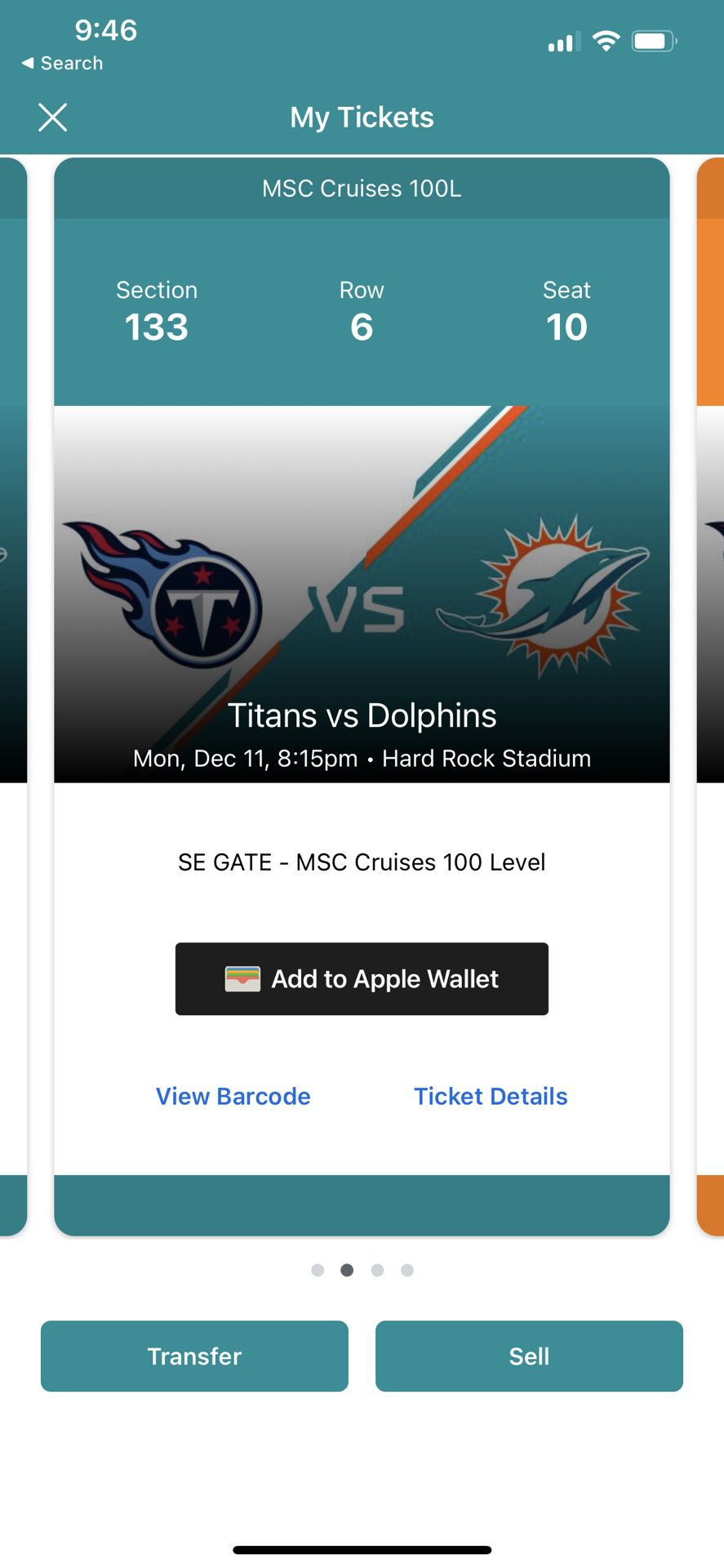 Lower bowl Row 6 Monday night football Tennessee Titans V. Miami Dolphins