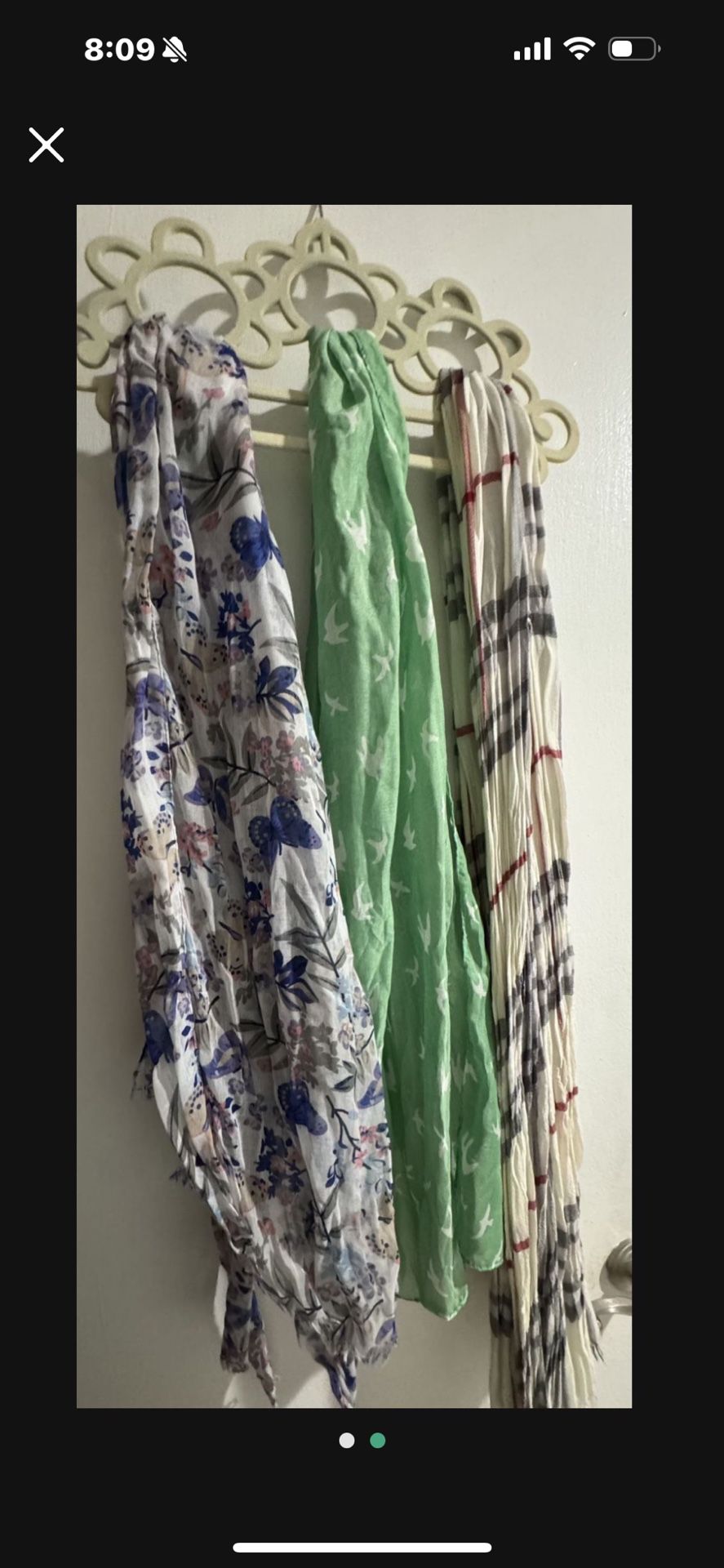 3 Woman’s Scarves (Butterfly, Bird, Plaid) & Scarf Hanger 