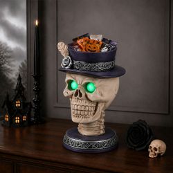 Halloween Skull Candle Holder with Glowing Green Eyes, Gothic Skeleton Head Statue with Feather Top Hat, Spooky Tabletop Decor