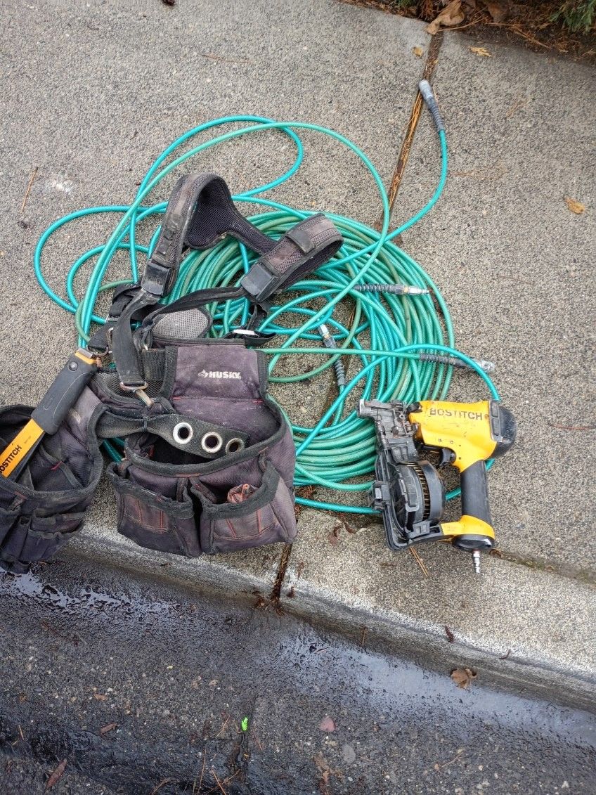 Bostitch Nail Gun With 2 Hoses, & Stapler & Belt
