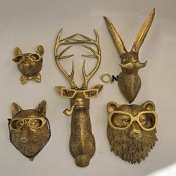 5 Pcs Animal Heads Wall Decor, Gold Faux Deer Head Mount, Animal Sculptures Wall Decor, Vintage Resin Hanging Decoration for Living Room