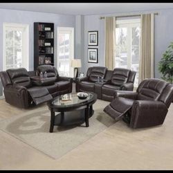 Brown Leather Fully Reclining Three Piece Couch Set