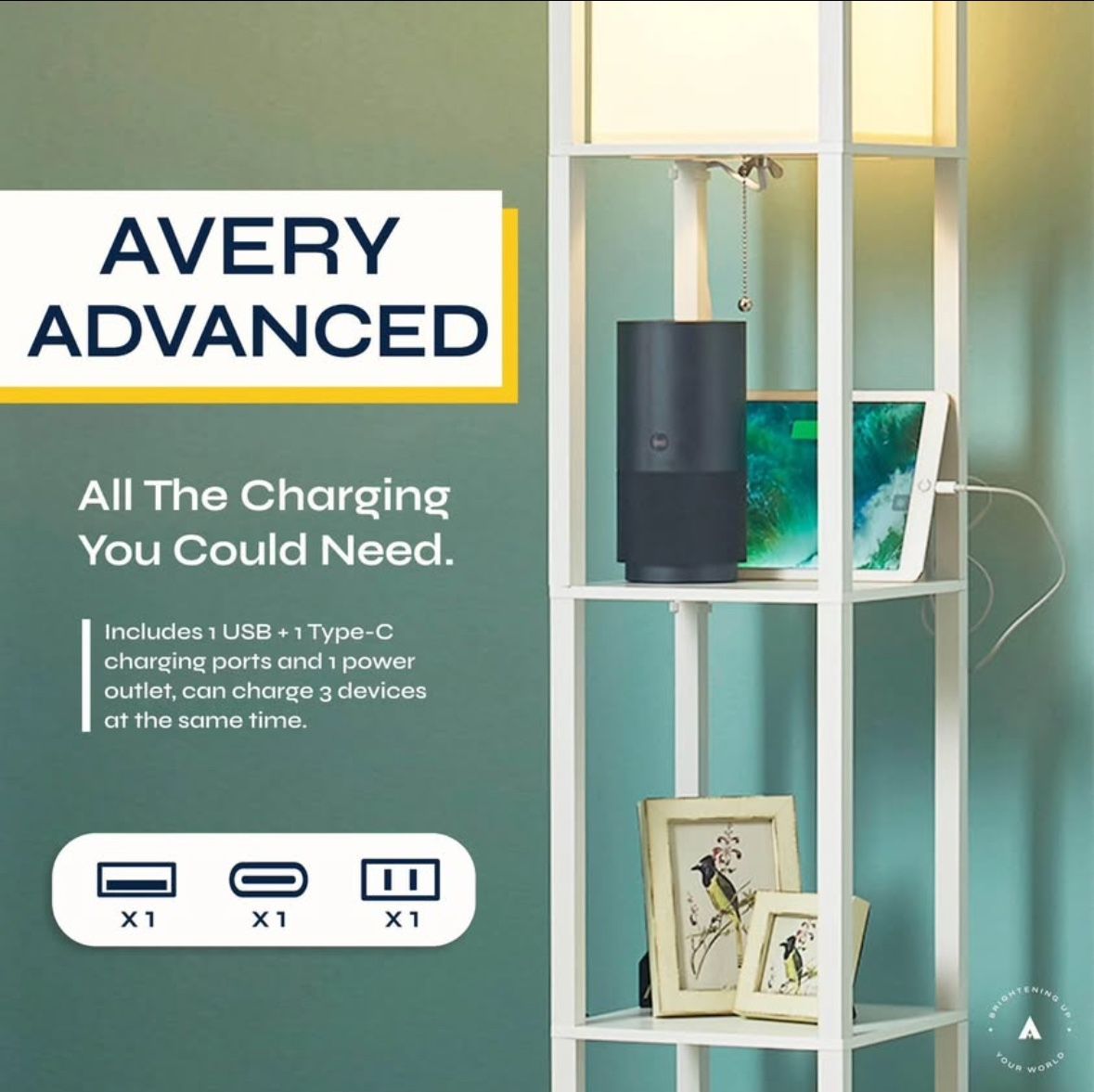 New ATAMIN 72" Shelf Floor Lamps with Charging Station, Premium Shelf Lamp w/ USB,USB-C,AC Outlet