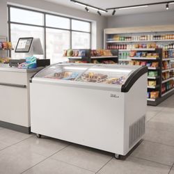 Premium Levella Ice Cream Showcase Freezer Display - 12.4 Cu. Ft. Curved Glass Door with LED Lighting, Casters, White (PFR12401G)