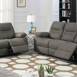 Brand New Gray Fabric Reclining Sofa + Loveseat 3PCs Set