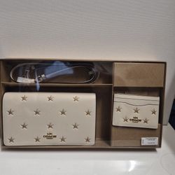 Coach Boxed Anna Foldover Clutch Crossbody Bag and Card Case Set with Star Print