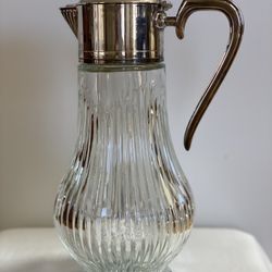 Vintage Glass Carafe Pitcher Decanter Silver Plate Spout ~ Ice Tube