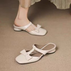 Zhding Spring/Summer New Women's Shoes Flat Heel Bow Soft Bottom British Style Casual Comfortable Dew Heel Half Dragged Mom Dragged Sandals, Women Sho