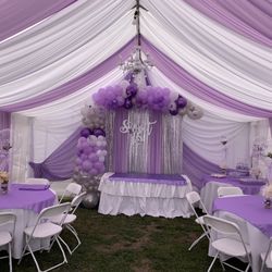 Draping——-tent——-tablecloth——chairs——backdrop——balloon——