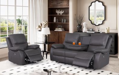 Power Recliner (Set Of 2pc), Genuine Leather / Loveseat Sofa + 3-Seater Couch