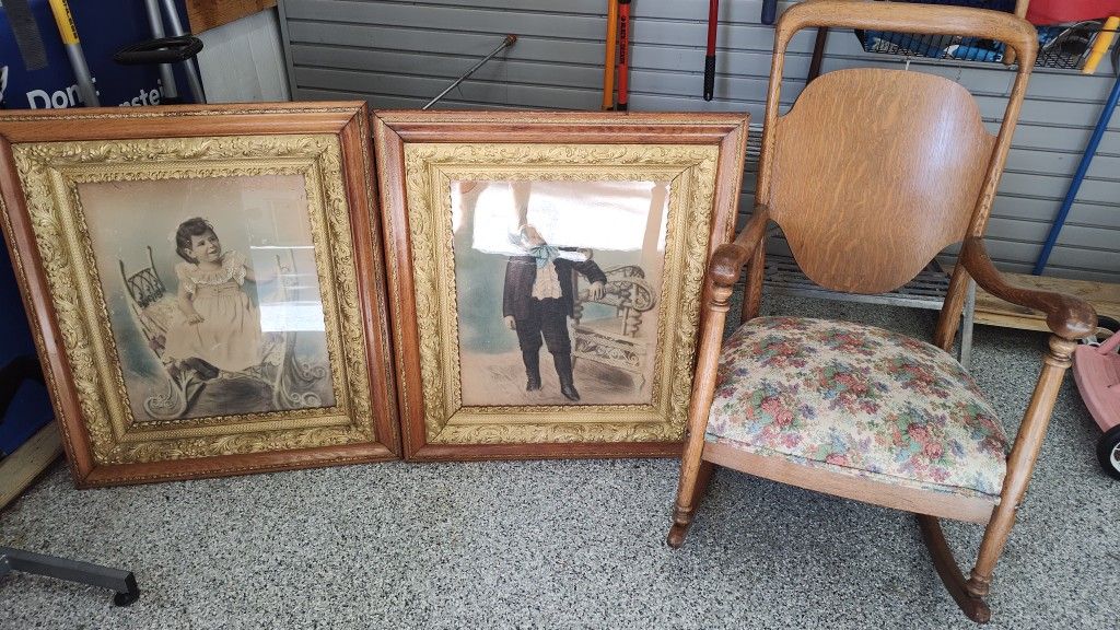 Antique Picture Frames And Rocking Chair