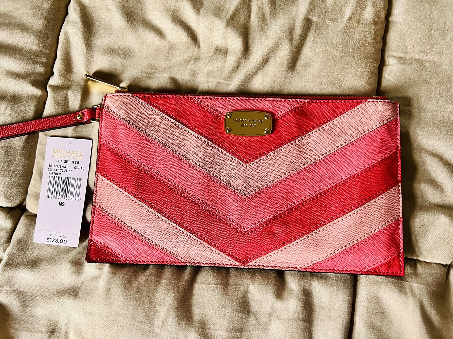 Michael Kors Coral and Pink Stripe Jet Set Wristlet