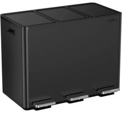 12 Gal (3 x 4Gal) Triple Trash Can with Double Layer Lids, Modern Kitchen Office Garbage Can（Black）