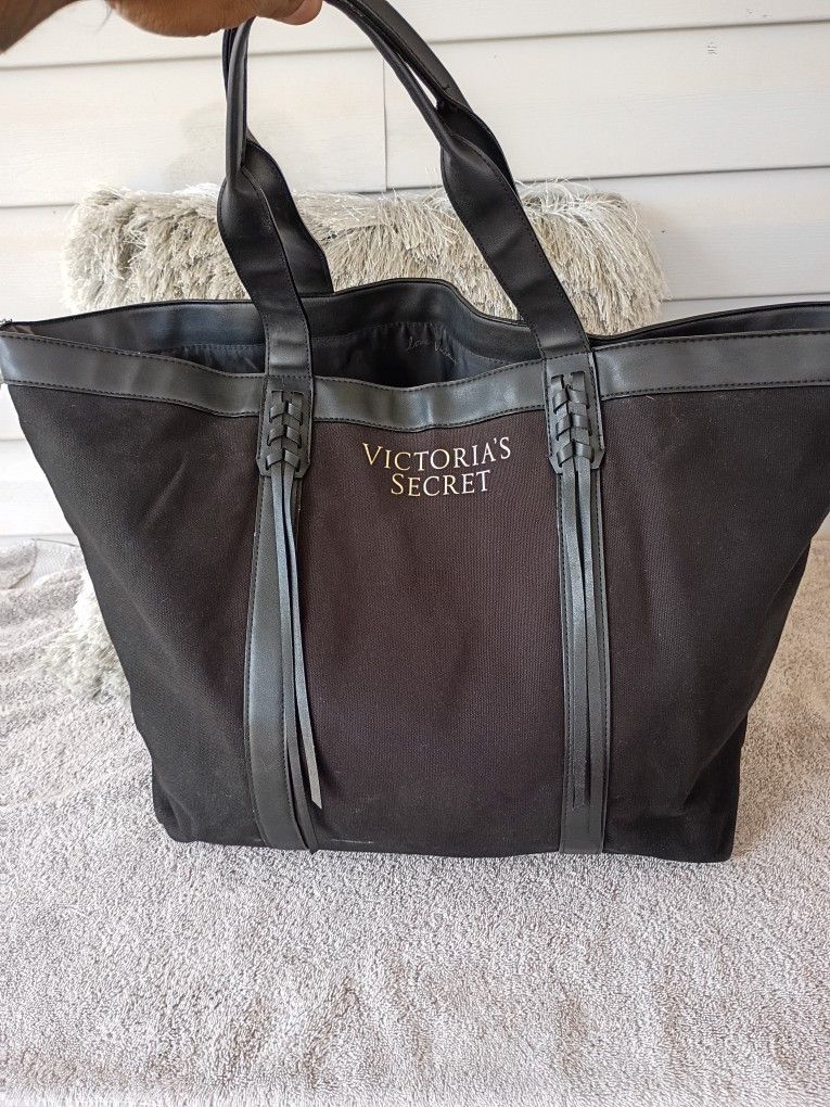 Victoria's Secret Black Canvas Faux Leather Fringe Tote Bag