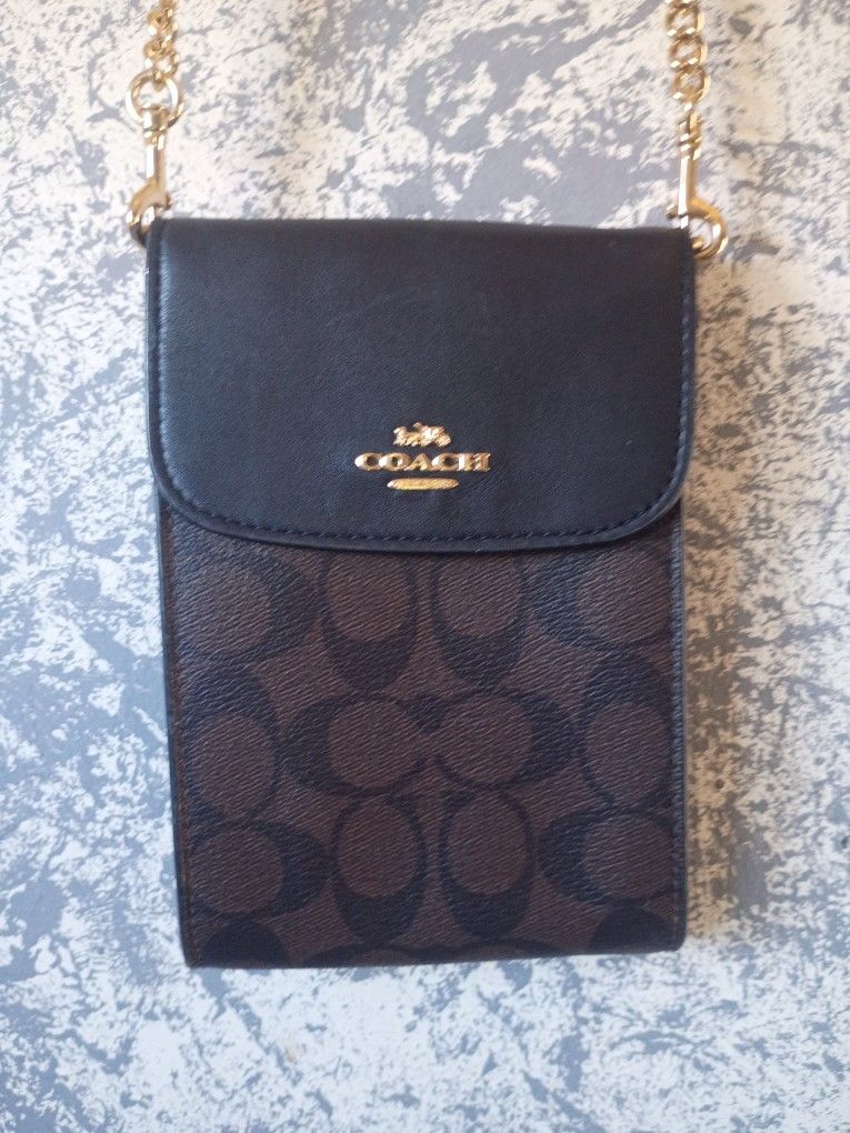 COACH Signature Canvas Phone Crossbody Bag Black Leather Chain Strap / Excellent Condition