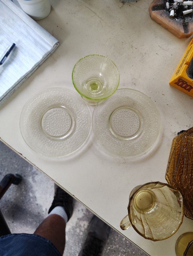 Uranium Glass Saucers And Glass
