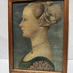 Vintage Renaissance , ' Le Dame dei POLLAIOLO ' PRINT , Muted Red & Gold ITALIAN Wood Frame, after Piero del Pollaiuolo c1960s