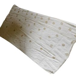 Unbranded white beaded Table cloth 40x74”  vintage India Embroidered floral Wrap decorative  sheer    Lightweight sheer panel with gold sunburst embro