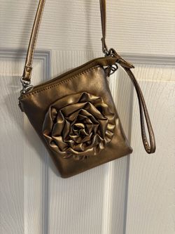 Bronze Metallic Crossbody Bag with Rose Detail