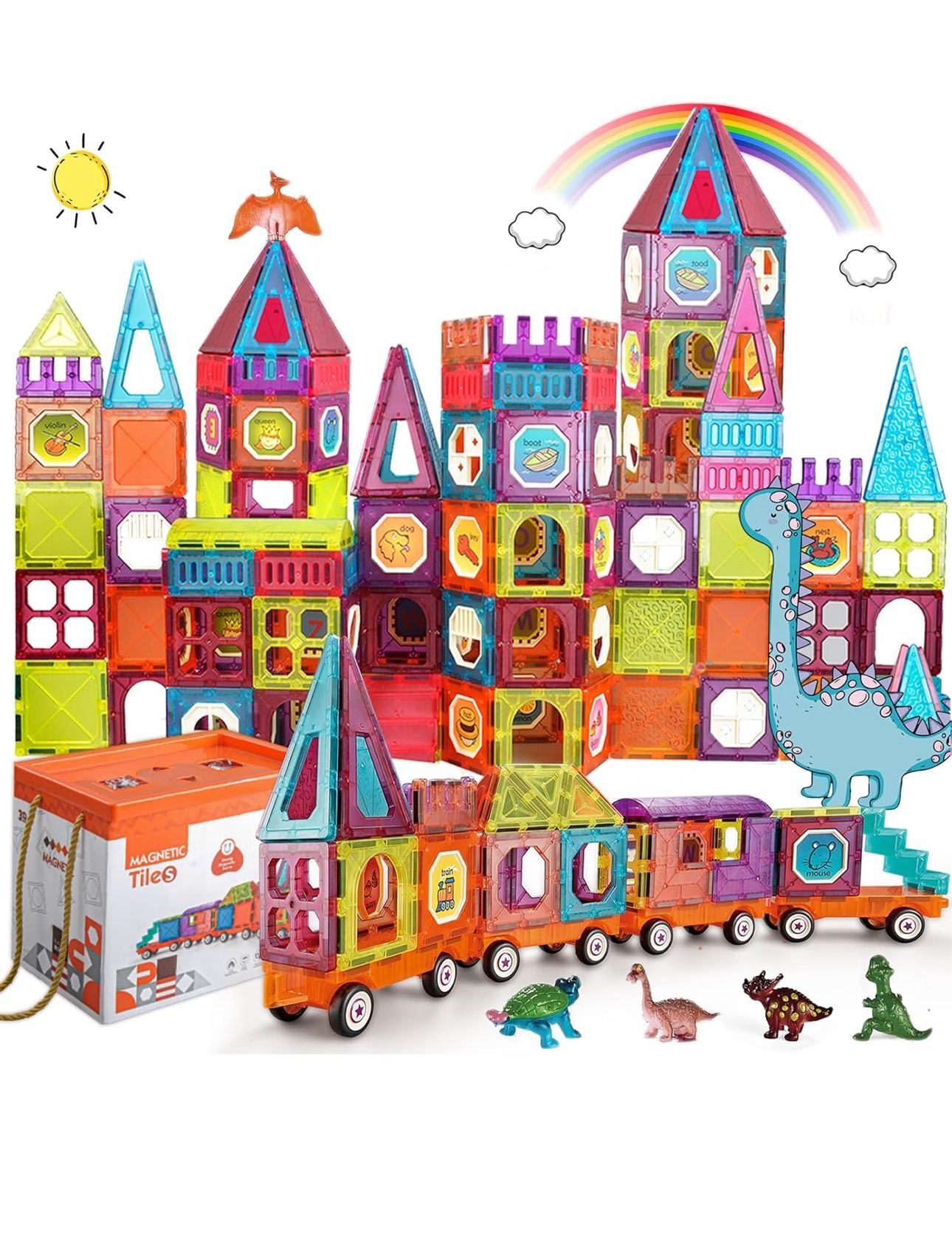 Magnetic Tiles Building Blocks with 4 Cars Magnet Train Set for Kids Construction STEM Toy Preschool Educational Creativity Learning Brithday Gift for