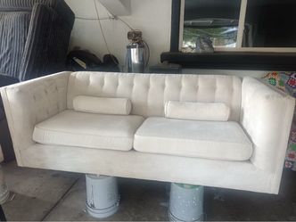 White Tufted Velvet Sofa with Bolster Pillows