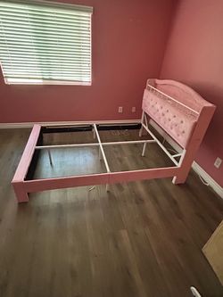 FULL SIZE - Pink Upholstered Tufted Bed Frame with LED and Power Strip